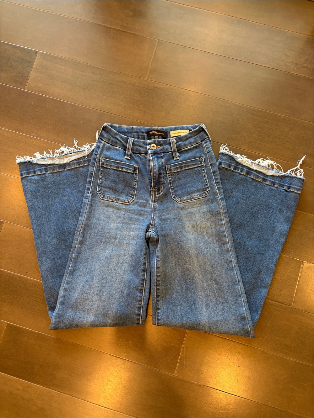 BCBG Medium Blue Frayed Boot-Cut Jeans